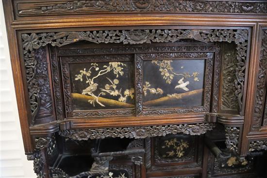 A Japanese Meiji period carved wood and shibayama cabinet, W.3ft 10in. D.1ft .5in. H.6ft 2in.